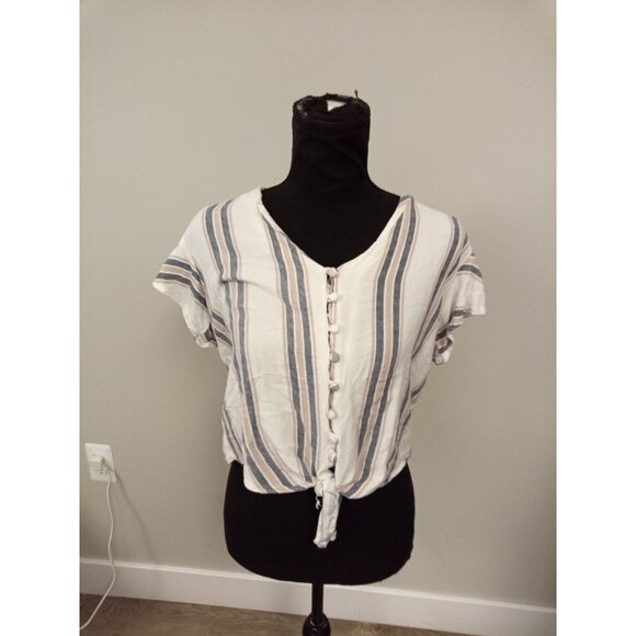 Juniors Sim and Sam Button Down Striped Tie Waist Crop Top Size Large - Picture 1 of 6